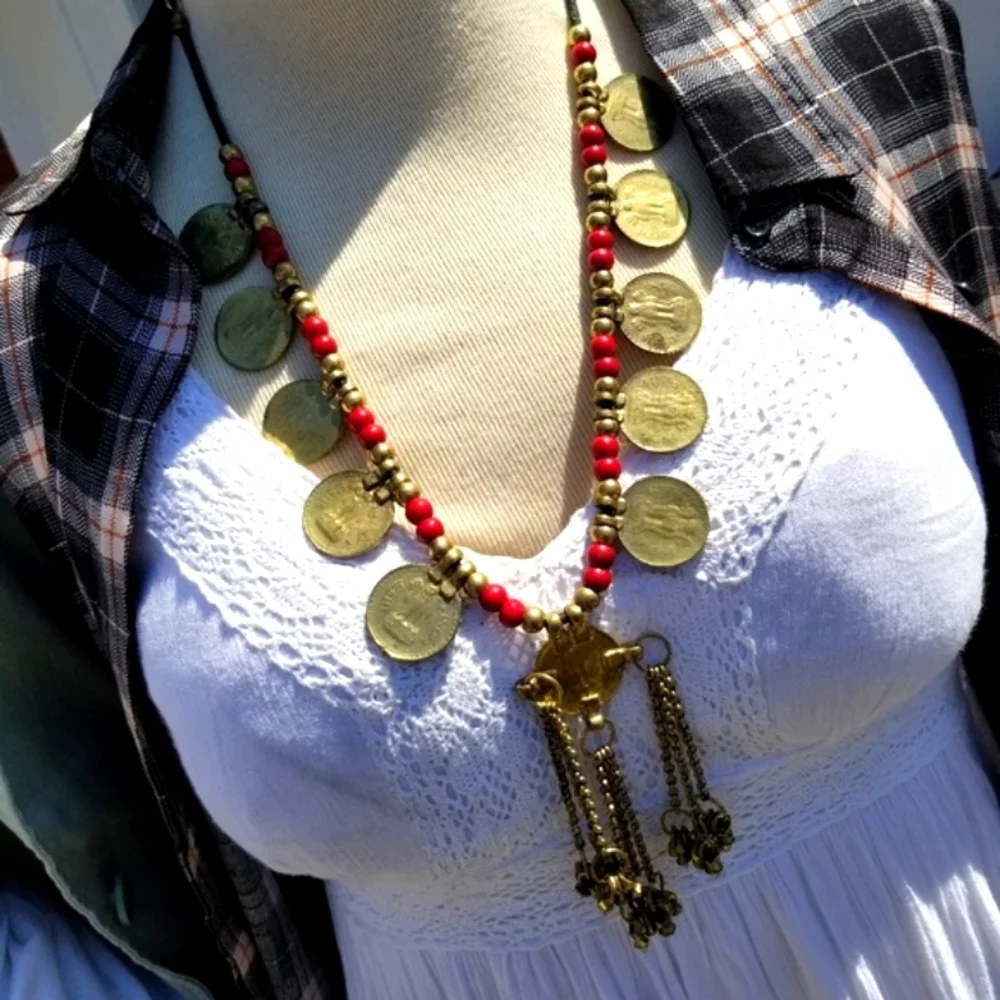 Goldtone Coin Necklace w/ Red Beads & Tassels - Picture 2 of 7